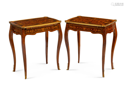 A Pair of Louis XV Style Gilt Metal Mounted Marquetry