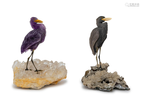 An Amethyst Carved Heron Figure and an Obsidia…