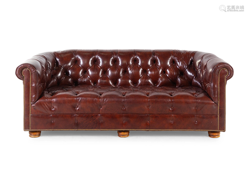 A Faux Leather Button-Tufted Chesterfield Sofa