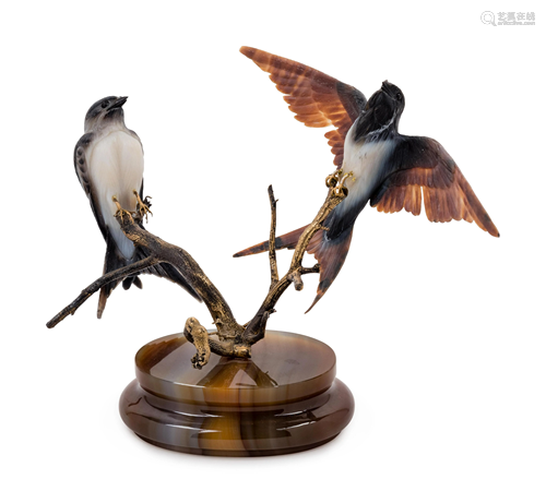 A Carved Figural Group of Two Birds