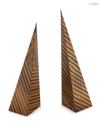 A Pair of Parquetry Wood Obelisks Height of tall…