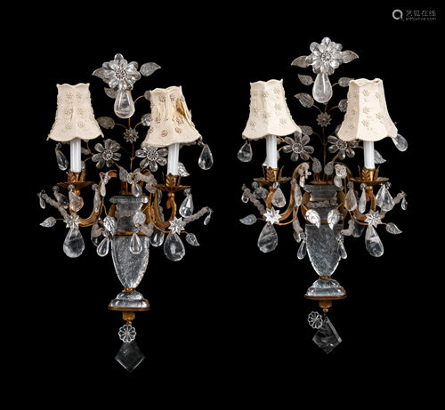 A Pair Gilt Metal and Rock Crystal Two-Light Sconces in