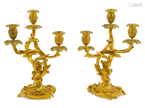 A Pair of Louis XV Style Gilt Bronze Three-Light