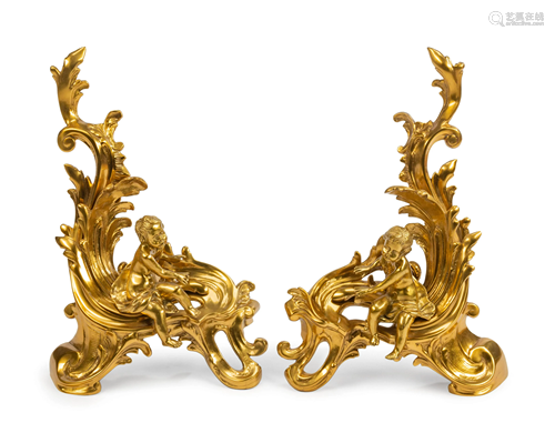 A Pair of Louis XV Style Gilt Metal Figural Chenets