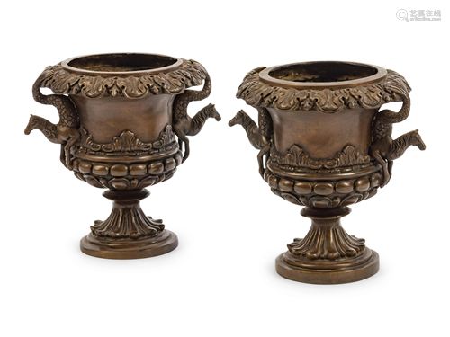 A Pair of Pompeian Style Patinated Bronze Urns