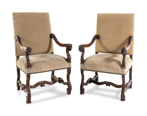 A Pair of Louis XIV Style Carved Walnut Armchairs