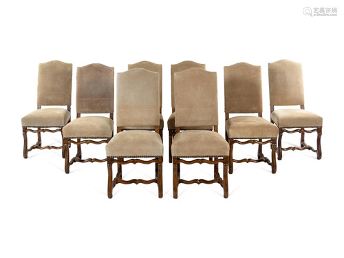 A Set of Eight Louis XIV Style Suede-Upholstered Walnut