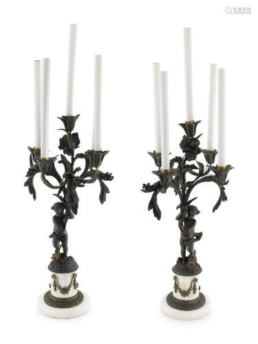 A Pair of French Bronze and Marble Five-Light