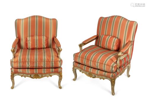 A Pair of Louis XV Style Painted Fauteuils Height 38