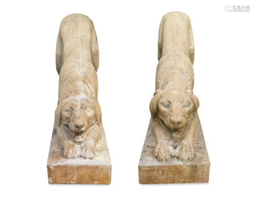 A Pair of Carved Marble Crouching Dogs Height 26 X