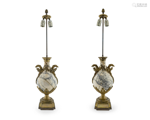 A Pair of French Gilt Bronze and Marble Urns Height