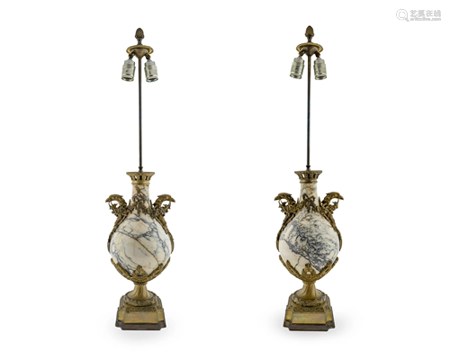 A Pair of French Gilt Bronze and Marble Urns Height