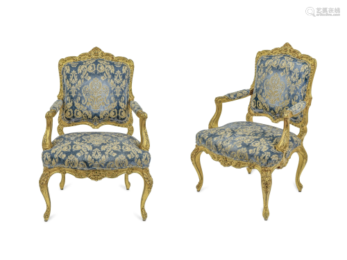 A Pair of Louis XV Style Giltwood Fauteuils Height 47