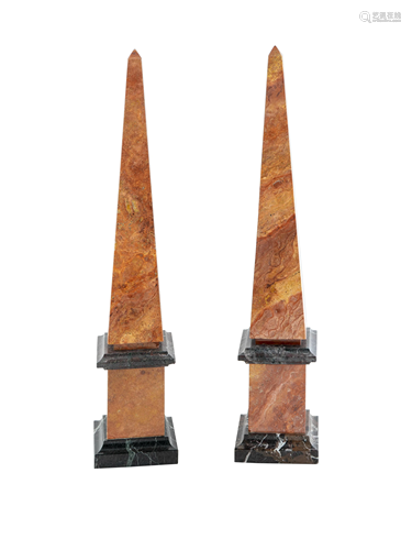 A Pair of Marble Obelisks Height 29 1/2 inches.