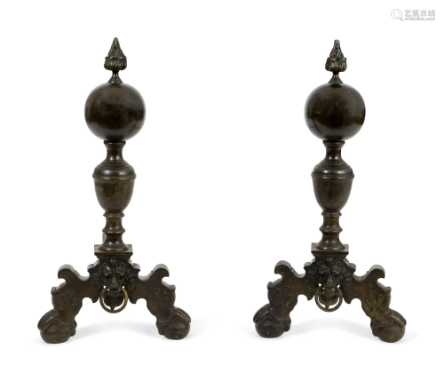 A Pair of Baroque Bronze Andirons Height 28 inc…