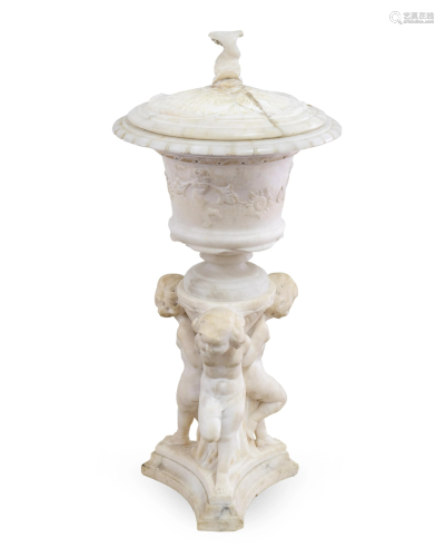 An Italian Carved Alabaster Covered Urn Height…