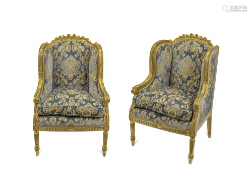 A Pair of Louis XVI Style Giltwood Bergeres a Oreilles