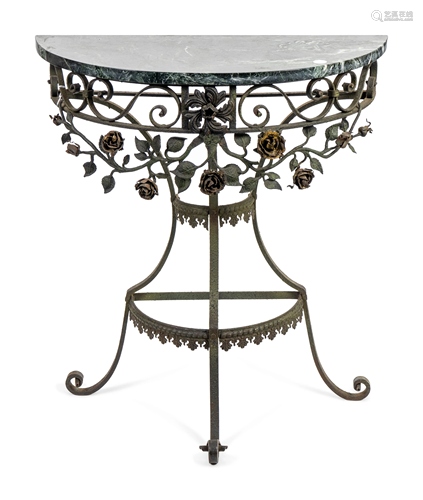 A Wrought Iron Marble Top Demilune Console Table H…