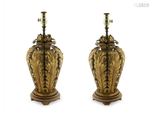 A Pair of Gilt Tole Table Lamps Height overall 28