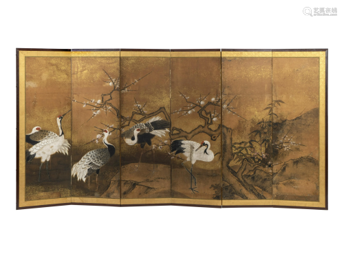A Chinese Six-Panel Wall Screen Each panel 47 x 16 1/2
