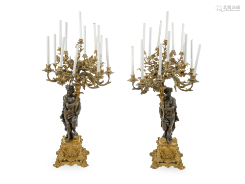 A Pair of Large French Gilt and Patinated Bronze