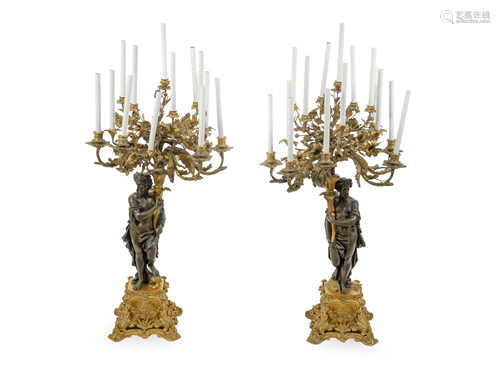 A Pair of Large French Gilt and Patinated Bronze