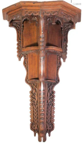 Indo Chinese Carved Three Tiered Corner Shelves