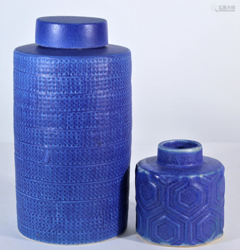 Pair of Blue Embossed Pottery Vases