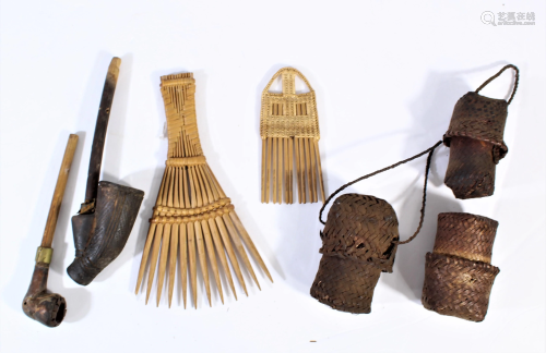 Collection of African Combs, Small Baskets & Pipes