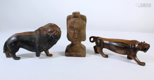 African Hand Carved Wooden Tiger, Lion & Bust