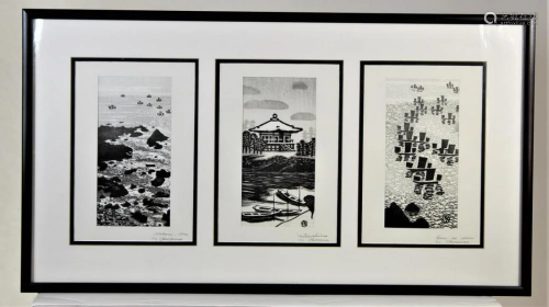 Chinese Woodcut Print Triptych