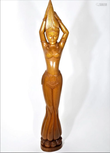 Life Size Carved Teak Thai Statue on Lotus Base