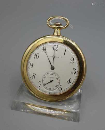 FLACHE TASCHENUHR MIT GOLDGEHÄUSE / golden half open face pocket watch, Handaufzug (Krone).