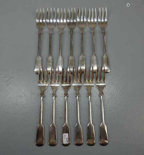 BESTECK: 13 KUCHENGABELN / plated cake forks, 20. Jh., versilbertes Metall / 150er Auflage.