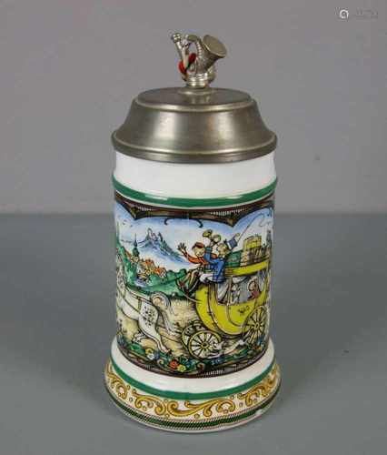 BIERKRUG MIT SPIELUHR / jug with musical box, Sammleranfertigung, Opalinglas in Anmutung von weiß