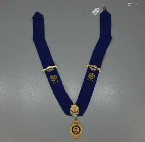 FREIMAURERKETTE / masonic chain, Manufaktur Parry, Birmingham / England; besticktes Band mit