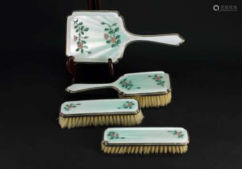 19世纪末法国纯银镶珐琅手绘折枝花卉纹手镜和毛刷三只