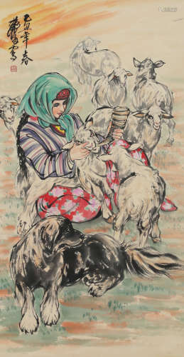 Zhou Huang - Figure and Sheep Painting