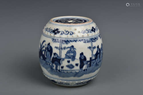 A BLUE AND WHITE FIGURES GARDEN STOOL QING DYNASTY