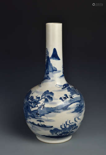 A BLUE AND WHITE FIGURES IN LANDSCAPE BOTTLE VASE QING DYNASTY