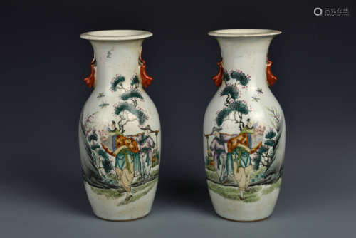 MATCHED PAIR FAMILLE VERTE FIGURES IN LANDSCPAE VASES QING DYANSTY