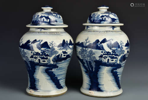 MATCHED PAIR BLUE AND WHITE GARNITURES QING DYANSTY