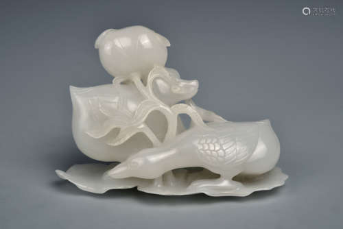 A WHITE JADE DOUBLE MANDARIN DUCKS QING DYNASTY