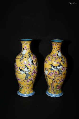 MATCHED PAIR PAINTED ENAMEL VASES REPUBLIC PERIOD