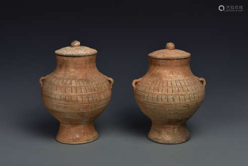 MATCHED PAIR POTTERY VASES HAN DYNASTY