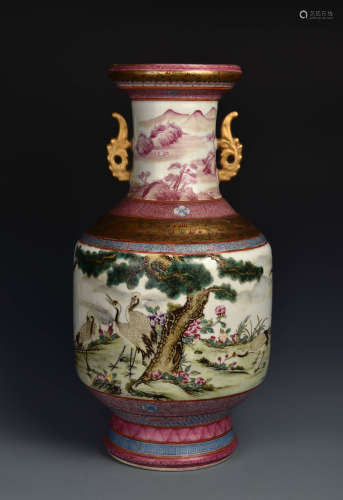 A FAMILLE ROSE CRANES AND PINE VASE QING DYNASTY