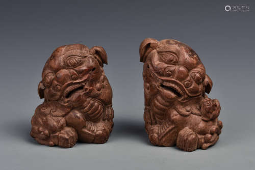 MATCHED PAIR CARVED BAMBOO FO DOGS QING DYNASTY