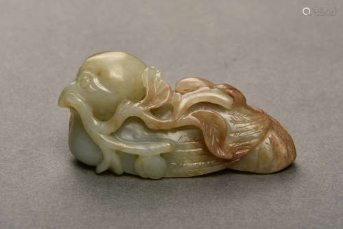 A PALE CELADON AND RUSSET JADE MADARIN DUCK QING DYNASTY