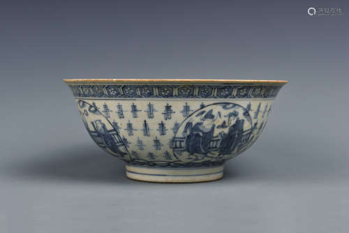 A BLUE AND WHITE LONGEVITY BOWL QING DYNASTY