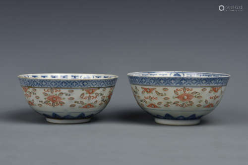 MATCHED PAIR BLUE AND WHITE SEMI EGGSHELL BOWLS REPUBLIC PERIOD
